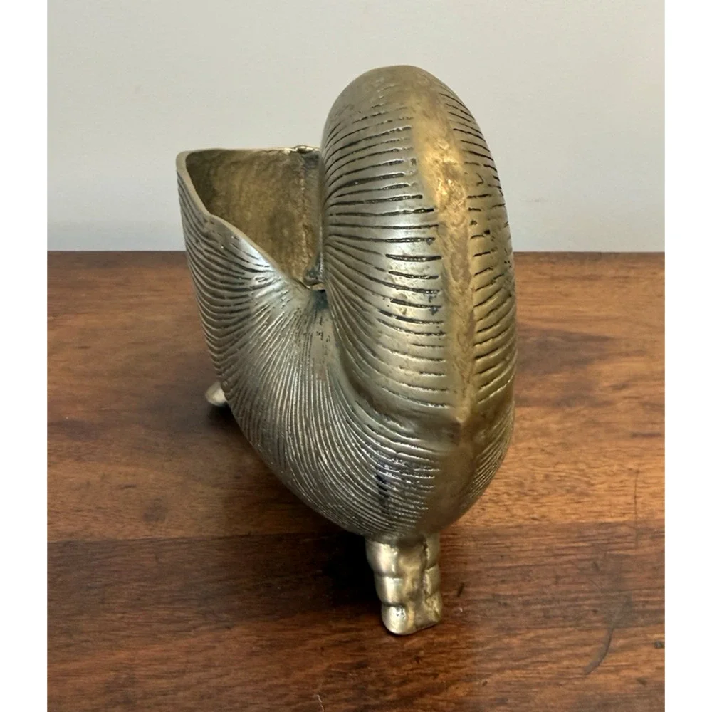 Vintage Brass Nautilus Shell Planter Cachepot Footed MCM Hollywood Regency 8